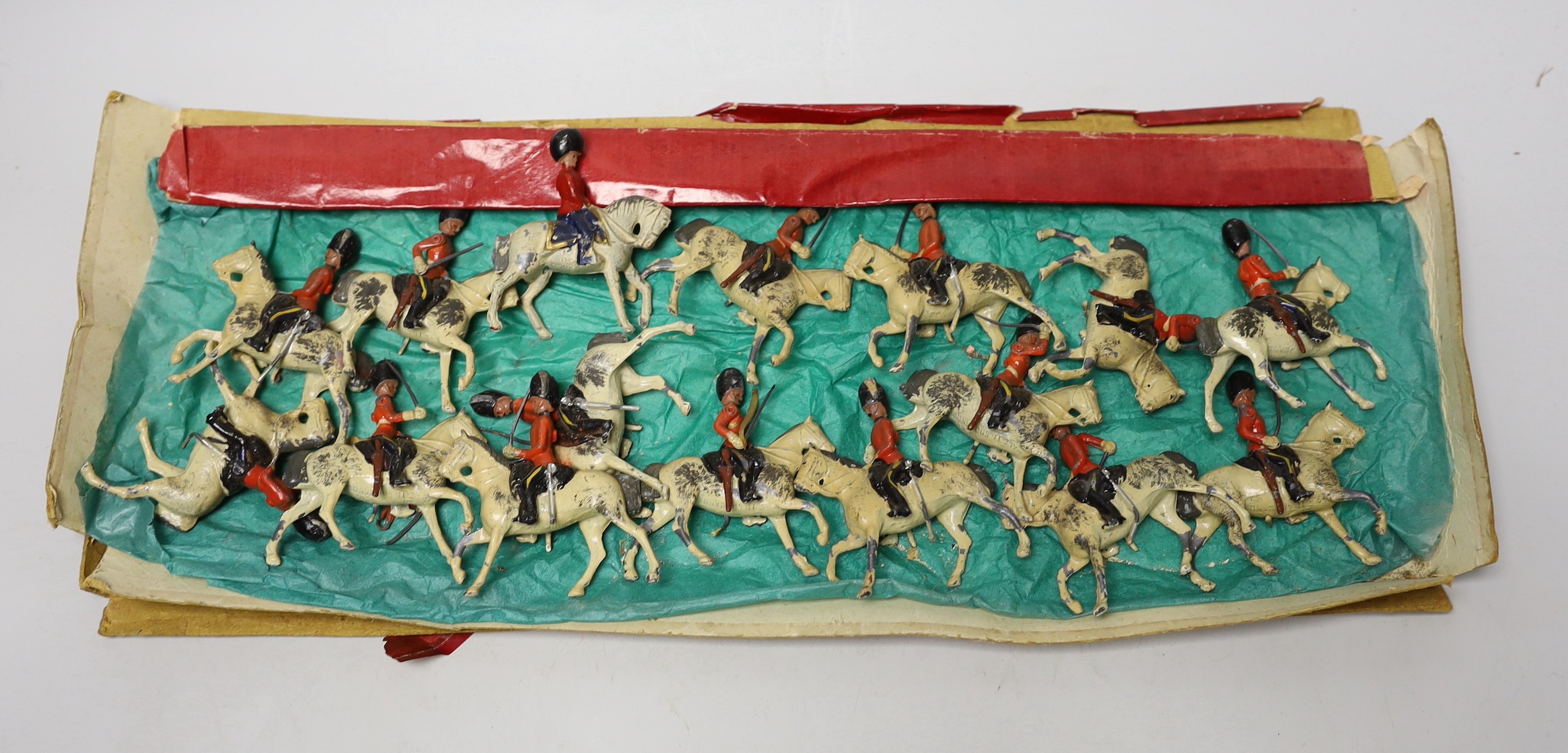 Britains from set 59, Royal Scots Greys, pre-war, sixteen total, in box